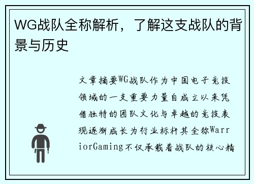 WG战队全称解析，了解这支战队的背景与历史