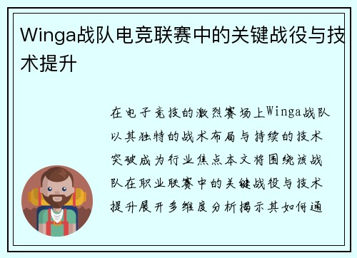 Winga战队电竞联赛中的关键战役与技术提升