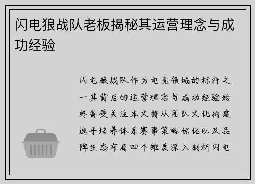 闪电狼战队老板揭秘其运营理念与成功经验