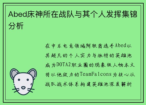 Abed床神所在战队与其个人发挥集锦分析